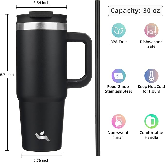 Konokyo 30 oz Tumbler with Handle and 2 Straws,2 in 1 Lid Insulated Water Bottle Stainless Steel Travel Coffee Mug,Black - Image 4