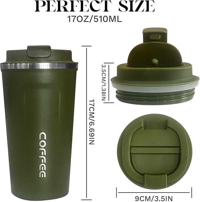YINBAOGE Insulated Travel Coffee Mug, Spill & Leak Proof, Portable To Go Camping Stainless Steel Coffee Tumbler, Reusable Thermal Coffee Cup with Lid for Hot & Cold Drinks (2nd-Green, 17 OZ) - Image 4