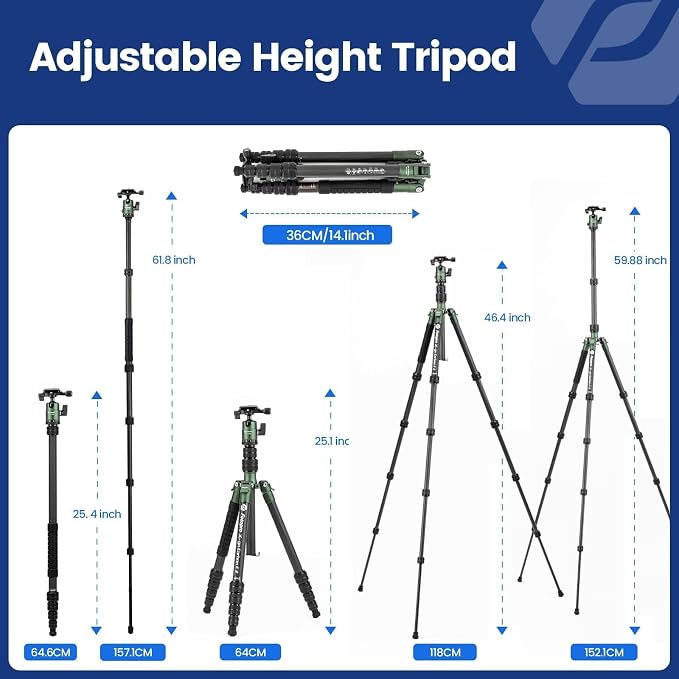 Fotopro 59" Carbon Fiber Travel Tripod, Compact Camera Tripod - Image 5