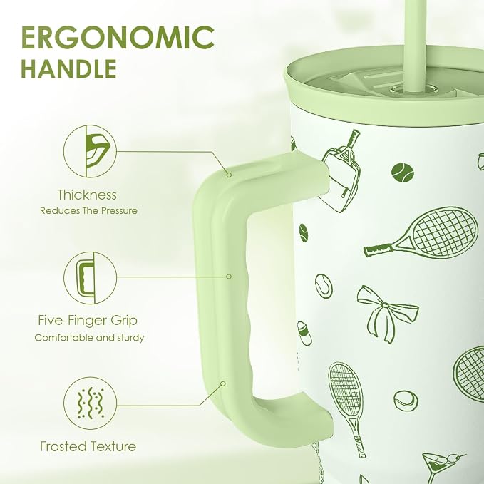 SANDJEST Tennis 40oz Tumbler With Handle and Straw, Insulated Stainless Steel Travel Coffee Mug for Women Girls Tennis Players, Gift Idea for Birthday Christmas Mothers Day - Image 3
