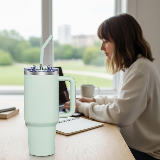 COKTIK 40 oz Tumbler With Handle and Straw, Insulated Tumbler With Leakproof Lids, Stainless Steel|BPA-Free, Cold for 24 H (Seafoam) - Image 8