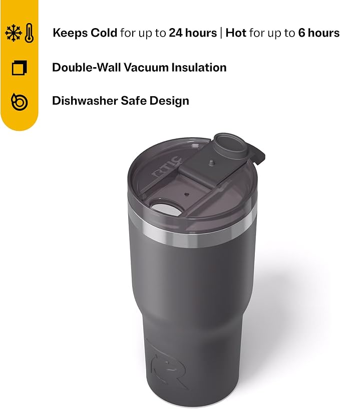 RTIC 20oz Essential Tumbler with Lid, Ceramic Lined, Insulated, Stainless Steel, Metal, Double Wall Vacuum-Insulation, Travel Cup for Iced Coffee, Tea, Hot and Cold Drink, Graphite - Image 3