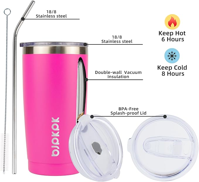 BJPKPK 20oz Stainless Steel Tumbler with Lid, Double Wall Vacuum Coffee Cup, Travel Mug for Ice Drink and Hot Beverage, Insulation Travel Tumbler Cup with Straws,Pink - Image 2