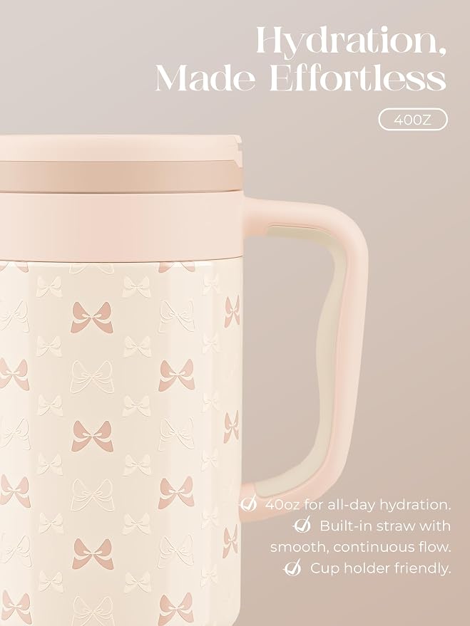 40 oz Insulated Tumbler with Handle and Push-Button Straw Lid, Stainless Steel Travel Cup for Gym Office, Leakproof, BPA-Free, Cup Holder Friendly, Bow Silicone Boot, Cream (Bow Cream) - Image 5