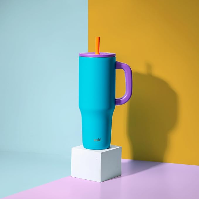 Zak Designs Sutton Travel Tumbler for On the Go, 40oz Stainless Steel with Vacuum Insulation, Silicone Straw, and Carry Handle for Cold Drinks (Turquoise) - Image 2