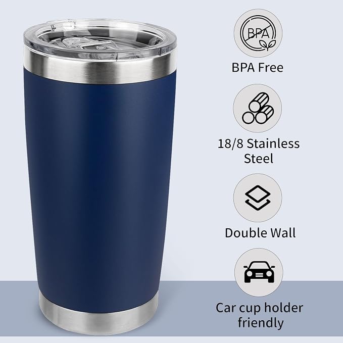 20oz Stainless Steel Tumbler with Lid, Travel Mug - Double Wall Vacuum Powder Coated Cup - Navy Blue, 1 Pack - Image 4