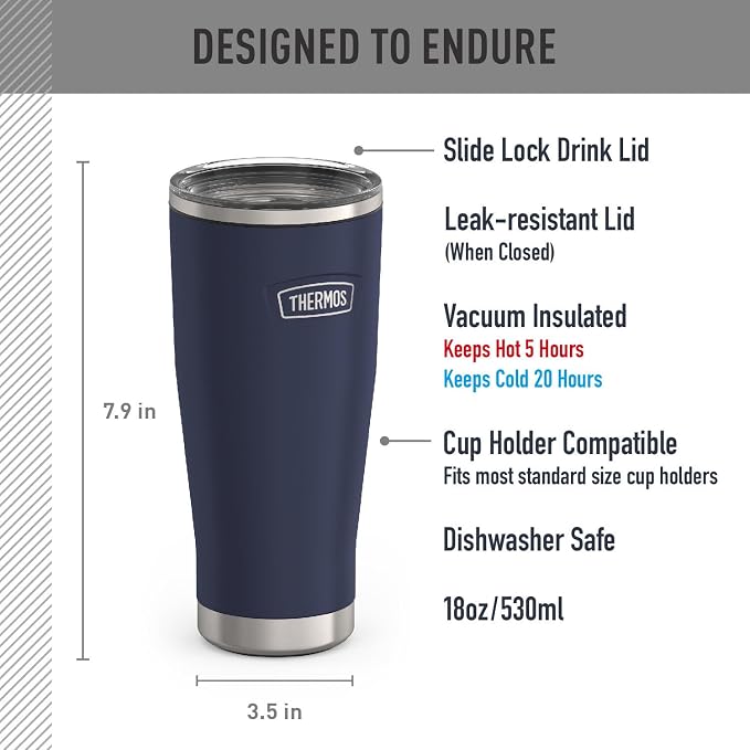 THERMOS ICON SERIES, Stainless Steel Tumbler with Slide Lock, 18 Ounce, Mystic Navy - Image 2