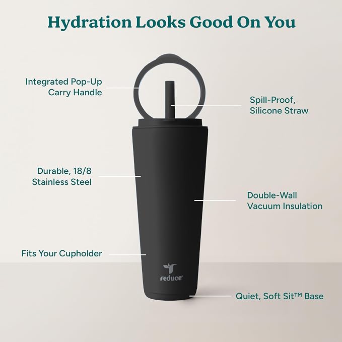 REDUCE Halo 32 oz Stainless Steel Vacuum Insulated Tumbler - Spill Proof Travel Mug with Flip Handle Lid - Keeps Drinks Cold for 32 Hrs - Dishwasher Safe - Cupholder Friendly - Phantom - Image 4