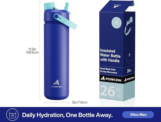 POWCAN 26 oz Insulated Water Bottle with 2-in-1 Straw and Spout Lid, Keep Cold 24H, Leak-Proof, Fits in Car Cup Holder, Stainless Steel Water Bottle for Sports, Travel, Gym, and School (Coastline) - Image 6