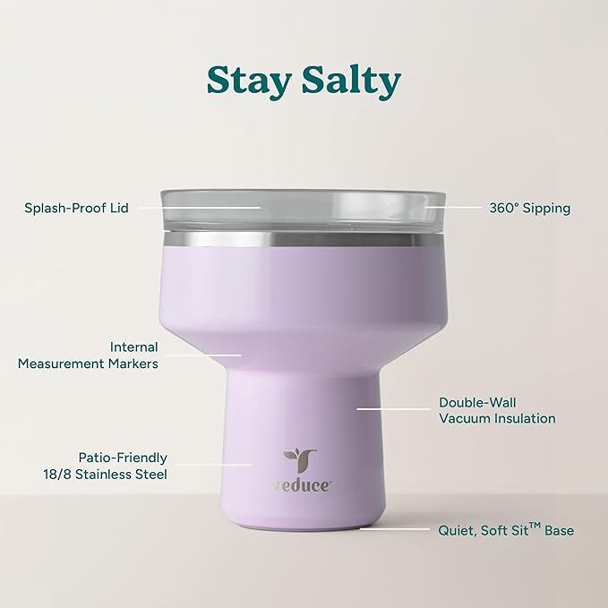 REDUCE Saltini 16 oz Cocktail Tumbler - Insulated Margarita Tumbler with Lid - Keeps Drinks Cold for 10 Hours - 360 Sippable Martini Glass Alternative - Shatterproof, Perfect for Parties - Lilac Bud - Image 3
