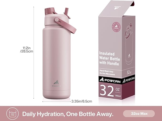 POWCAN 32 oz Insulated Water Bottle with 2-in-1 Straw and Spout Lid, Keep Cold 24H, Leak-Proof, BPA-Free, Double Wall Stainless Steel Water Bottle for Sports, Gym, Travel, and School (Dried Rose) - Image 5