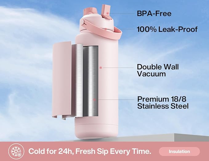 POWCAN 40 oz Insulated Water Bottle with 2-in-1 Straw and Spout Lid, Keep Cold 24H, Leak-Proof, BPA-Free, Double Wall Stainless Steel Water Bottle for Sports, Gym, Travel, and School (Cotton Candy) - Image 2