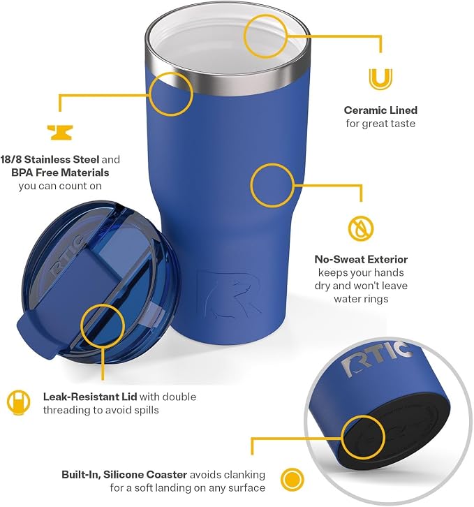 RTIC 20oz Essential Tumbler with Lid, Ceramic Lined, Insulated, Stainless Steel, Metal, Double Wall Vacuum-Insulation, Travel Cup for Iced Coffee, Tea, Hot and Cold Drink, Cobalt - Image 3