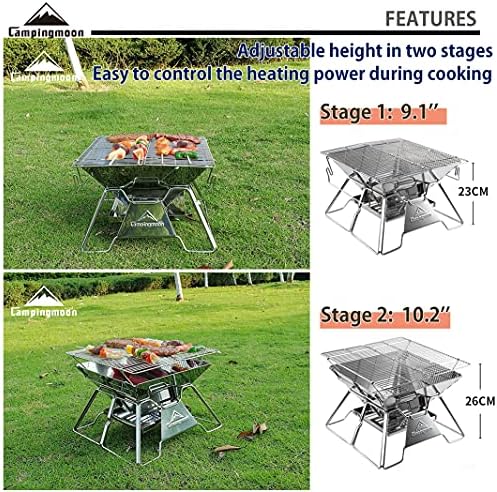 CAMPINGMOON Portable Campfire BBQ Grill 14 Inch Stainless Steel Folding Fire Pit Wood Burning Adjustable Height Outdoor Cooking RV Camping Carry Bag MT-2 - Image 4