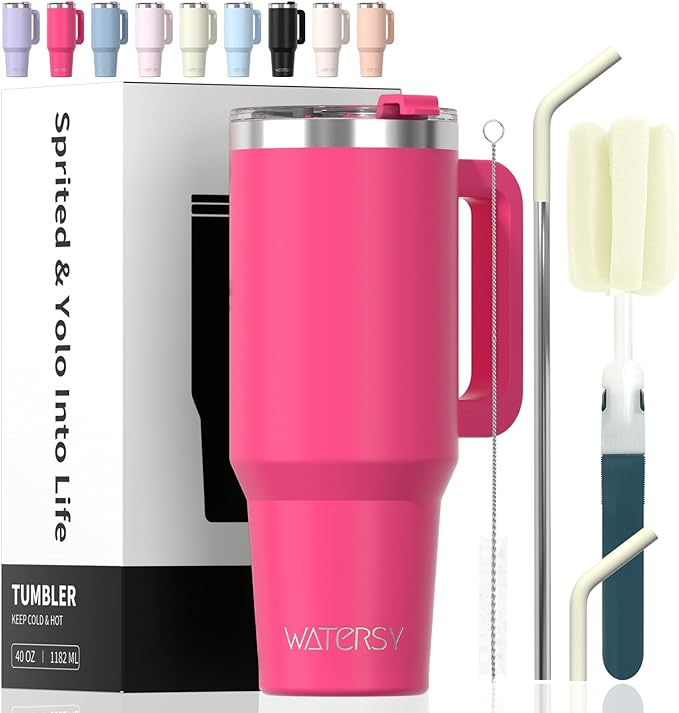 40 oz Tumbler with Handle,Tumbler with Lid and Straw,Double Wall Insulated Cup Stainless Steel Travel Mug(Cold for 34 Hours),Water Bottle for Iced Tea,Coffee,Cold Beverages(Gloss Pink) by Watersy