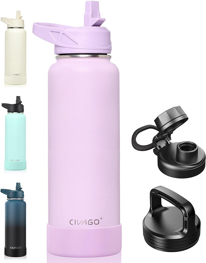 CIVAGO 40 oz Insulated Water Bottle With Straw, Stainless Steel Sports Water Flask Cup with 3 Lids (Straw, Spout and Handle Lid), Double Walled Travel Thermal Canteen Mug, Lavender by CIVAGO