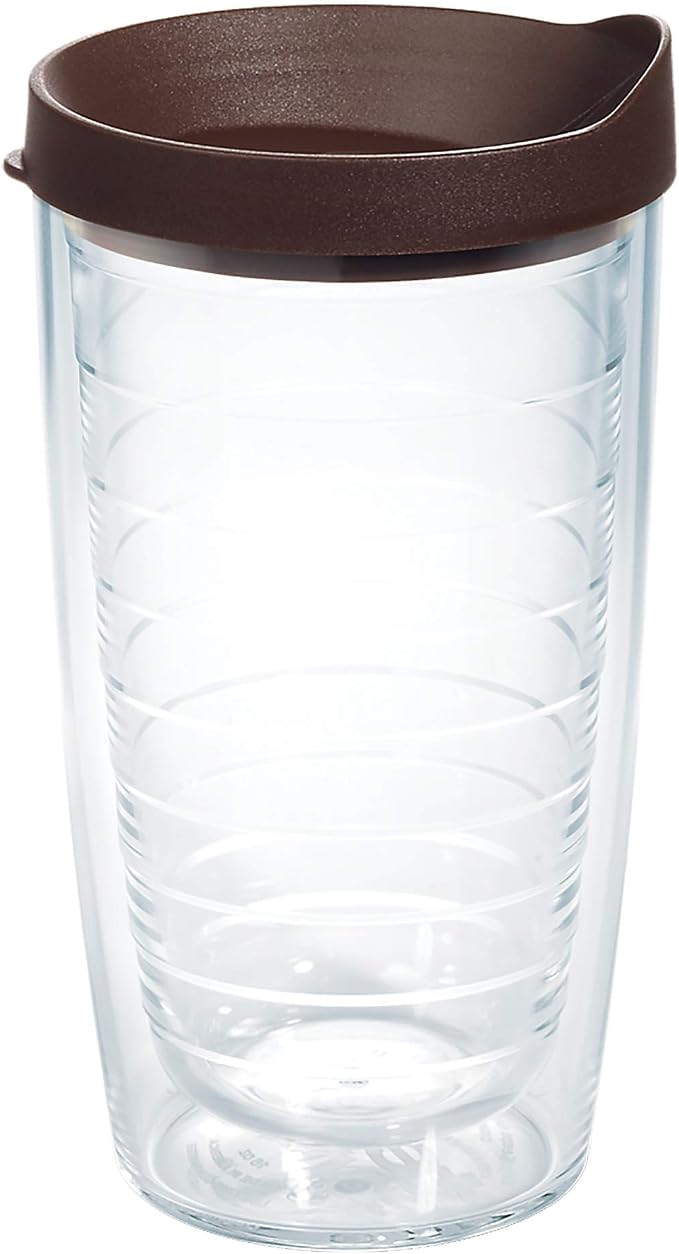 Tervis Clear & Colorful Lidded Made in USA Double Walled Insulated Tumbler Travel Cup Keeps Drinks Cold & Hot, 16oz, Brown Lid by TervisTumblerCompany