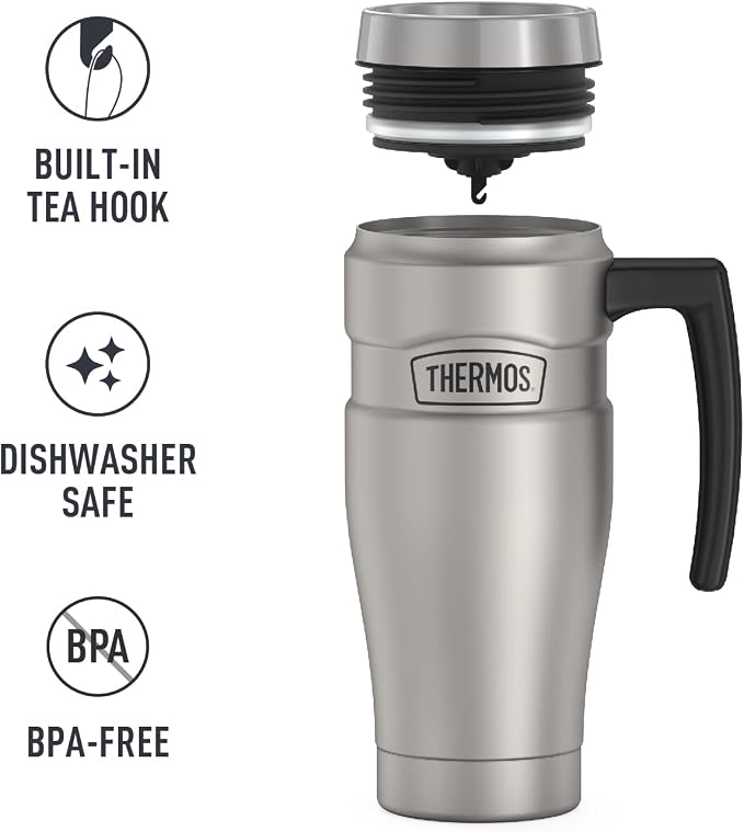 THERMOS Stainless King Vacuum-Insulated Travel Mug with Handle-16oz,Matte Steel-Thermos Tumbler for Hot&Cold Drinks-Leak-Proof&Sweat-Proof Stainless Steel Coffee Mug with Lid for Commuting,(Pack of 4) - Image 5