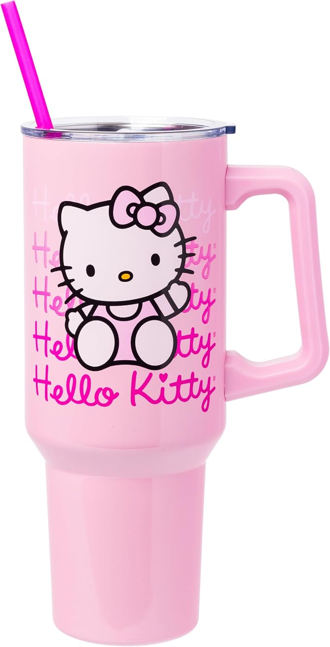 Silver Buffalo Sanrio Hello Kitty Waving Double Walled Stainless Steel Tumbler with Handle and Straw, Fits in Standard Cup Holder, 40 Ounces by SilverBuffalo