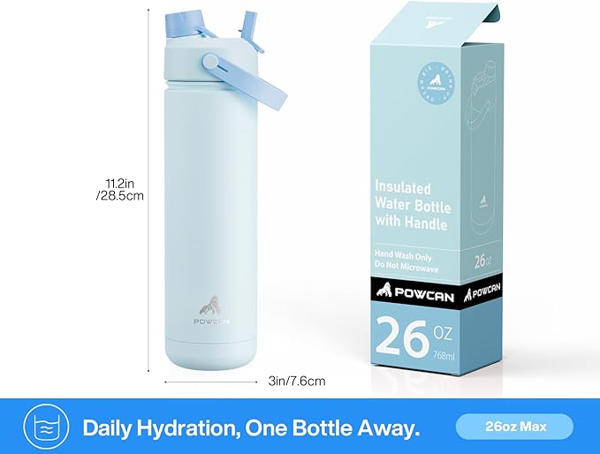 POWCAN 26 oz Insulated Water Bottle with 2-in-1 Straw and Spout Lid, Keep Cold 24H, Leak-Proof, Fits in Car Cup Holder, Stainless Steel Water Bottle for Sports, Travel, and School (Sea Breeze) - Image 6
