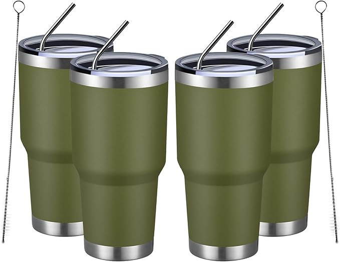 MEWAY 30oz Insulated Tumbler With Lids and Straws,Stainless Steel Double Vacuum Coffee Tumbler Cup, Brush, Durable Powder Coated Coffee Cup for Cold & Hot Drinks, Office, Travel(Army Green,4 PACK) by MEWAY
