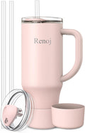 Renoj Insulated Mug 100% Spill Resistant Insulated Water Bottle for Iced Coffee & Hot Drinks - Fits Car Cup Holder, Ideal Gift, 2 Straws & Silicone Boot - FlexSlide Light Pink 40 oz by VisittheRenoj