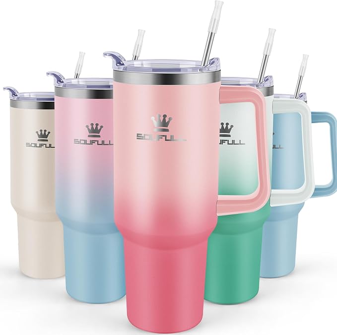 40 oz Tumbler with Handle and Straw Lid, 100% Leak-proof Travel Coffee Mug, Stainless Steel Insulated Cup for Hot and Cold Beverages, Keeps Cold for 34Hrs or Hot for 10Hrs, Dishwasher Safe (PinkRed) by SOUFULL