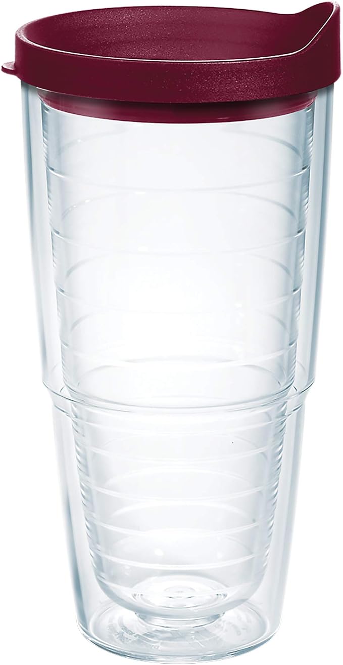 Tervis Clear & Colorful Lidded Made in USA Double Walled Insulated Tumbler Travel Cup Keeps Drinks Cold & Hot, 24oz, Maroon Lid by TervisTumblerCompany