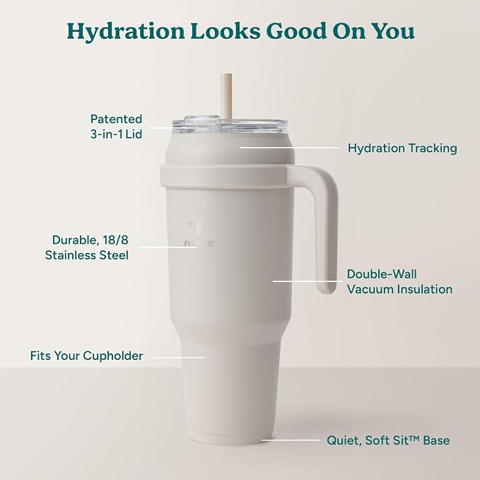 REDUCE Reusable 50 oz Cold1 Water Tumbler – Ergonomic Handle – Double-Wall Insulation – Sturdy Desktop/Tabletop Mug with Lid and Straw – BPA-Free – Stainless Steel for Gym, Home, Office – Casa Blanca - Image 4