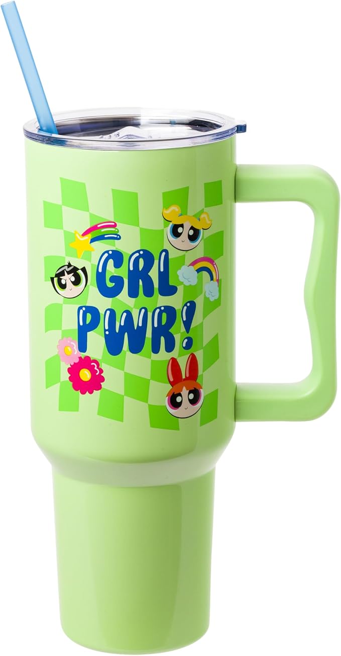 Silver Buffalo Powerpuff Girls Girl Power Groovy Retro Featuring Blossom, Bubbles, and Buttercup Double Walled Stainless Steel Tumbler with Handle and Straw, Fits in Standard Cup Holder, 40 Ounces by SilverBuffalo