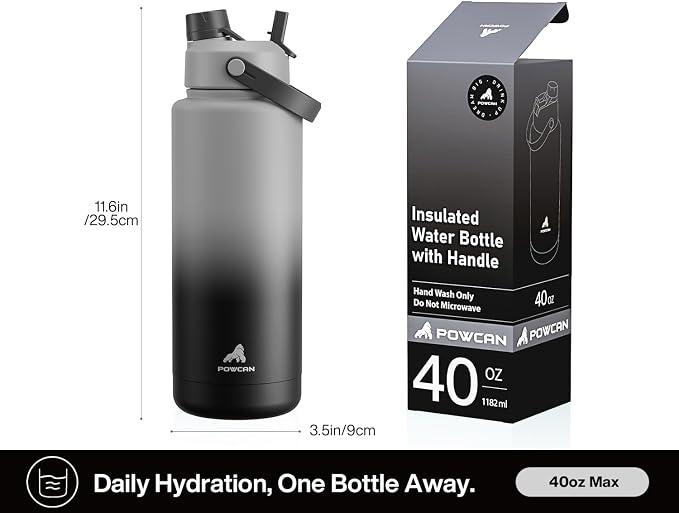 POWCAN 40 oz Insulated Water Bottle with 2-in-1 Straw and Spout Lid, Keep Cold 24H, Leak-Proof, BPA-Free, Double Wall Stainless Steel Water Bottle for Sports, Gym, Travel, and School (Obsidian) - Image 5