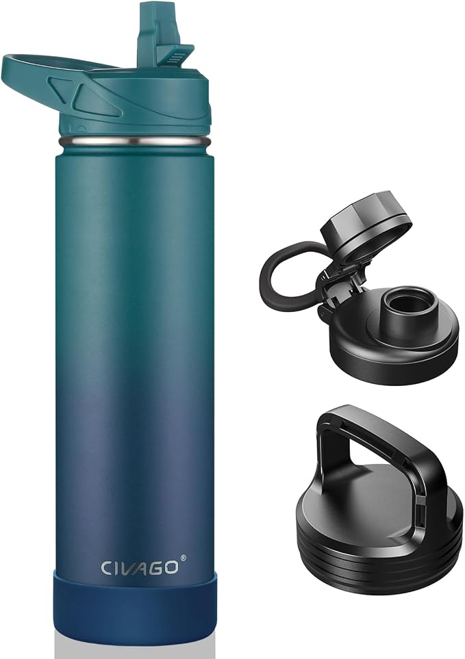 CIVAGO 24 oz Insulated Water Bottle With Straw, Stainless Steel Sports Water Flask Cup with 3 Lids (Straw, Spout and Handle Lid), Double Walled Travel Thermal Canteen Mug, Dark Night by CIVAGO