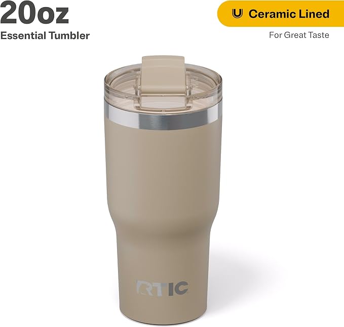 RTIC 20oz Essential Tumbler with Lid, Ceramic Lined, Insulated, Stainless Steel, Metal, Double Wall Vacuum-Insulation, Travel Cup for Iced Coffee, Tea, Hot and Cold Drink, Beach - Image 2