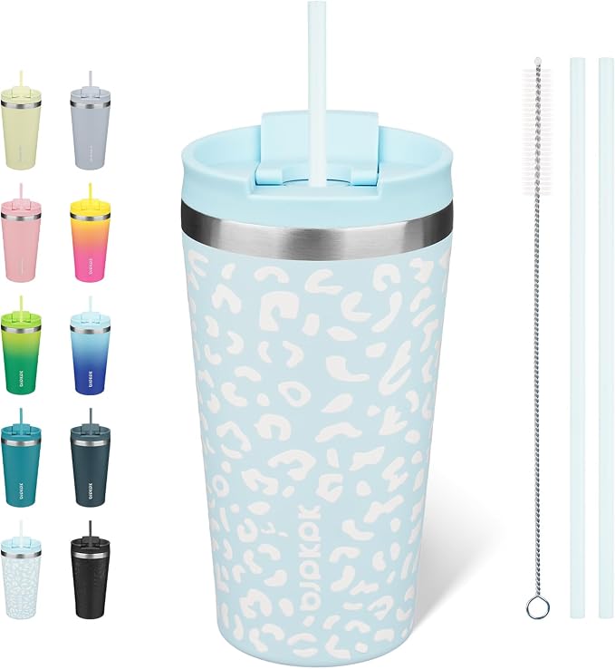 BJPKPK 18oz Tumbler With lid And Straw Stainless Steel Travel Coffee Mug Insulated Tumblers Cups,Light Blue Leopard by BJPKPK