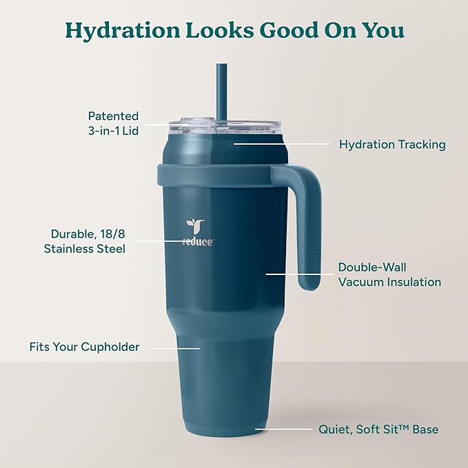 REDUCE 50 oz Stainless Steel Tumbler with Handle - Dual-Wall Vacuum Insulated Travel Mug, Sweat-Proof Lid & Reusable Straw - Keeps Drinks Cold for 24 Hrs, Fits Cupholders, Dishwasher Safe - Dark Web - Image 4