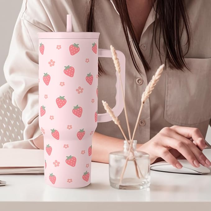 SANDJEST Strawberry Tumbler with Handle 40oz – Insulated Stainless Steel Travel Coffee Mug Cup for Girls Women, Gift for Christmas, Birthday - Image 7