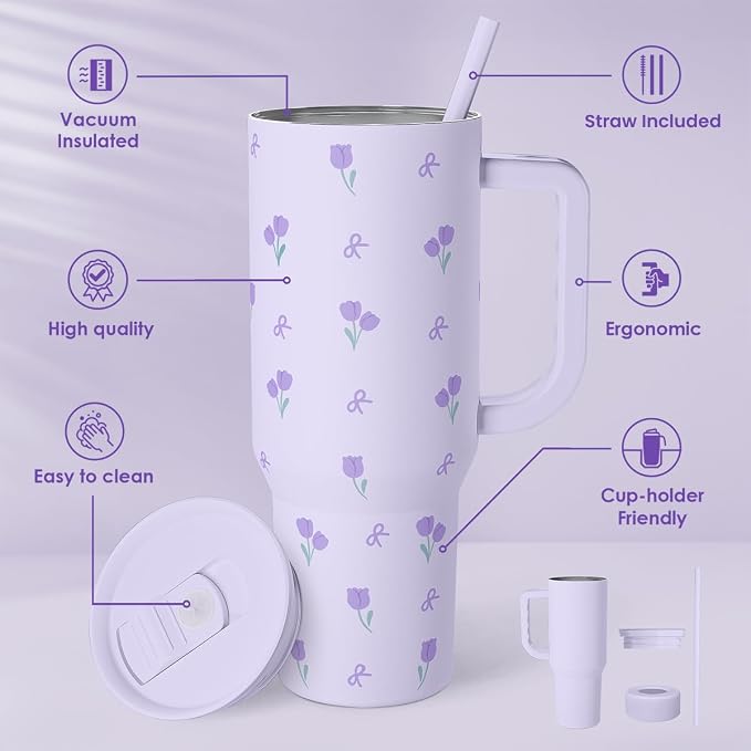 Floral 40oz Tumbler with Handle and Straw – Tulip Insulated Stainless Steel Travel Coffee Mug for Women Girls, Floral Gift Idea for Birthday Christmas Mothers Day - Image 2