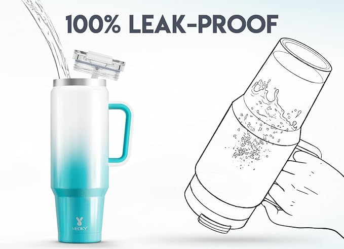 Meoky 40 oz Tumbler with Handle and Straw, Insulated Tumbler with Lid and Straw, Stainless Steel Travel Mug, Keeps Cold for 34 Hours, 100% Leak Proof, Fits in Car Cup Holder (Azure) - Image 3