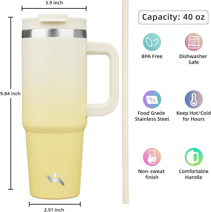 Konokyo 40 oz Tumbler with Handle and 2 Straws,2 in 1 Lid Insulated Water Bottle Stainless Steel Travel Coffee Mug,Lemon - Image 4