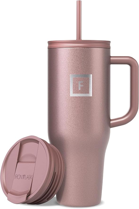 IRON °FLASK Co-Pilot Insulated Mug w/Straw & Flip Cap Lids - Cup Holder Bottle for Hot, Cold Drink - Leak-Proof - Water, Coffee Portable Travel Mug - Rose Gold, 40 Oz by IronFlask