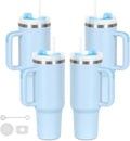 4 Pack 40 Oz Tumblers with Handle Bulk, Double Wall Vacuum Insulated Stainless Steel Tumblers with Lid and Straw, 40 oz Cups with Silicone Spill Proof Stopper Set (Sky Blue) by Temolulu