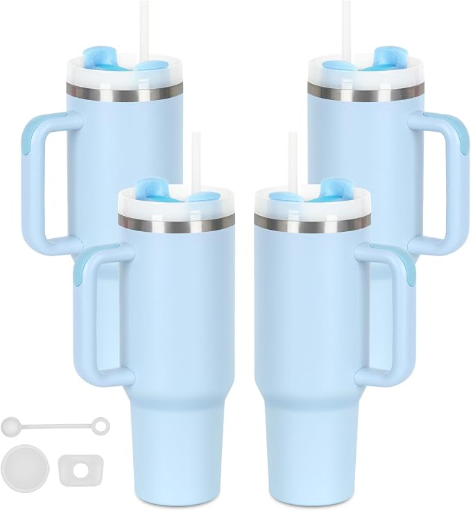 4 Pack 40 Oz Tumblers with Handle Bulk, Double Wall Vacuum Insulated Stainless Steel Tumblers with Lid and Straw, 40 oz Cups with Silicone Spill Proof Stopper Set (Sky Blue) by Temolulu