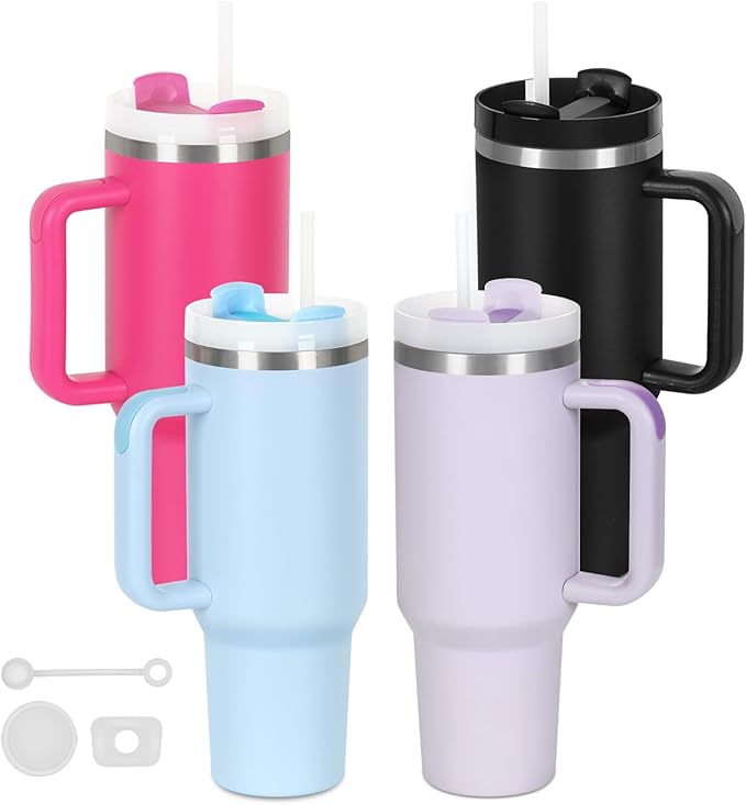 4 Pack 40 Oz Tumblers with Handle Bulk, Double Wall Vacuum Insulated Stainless Steel Tumblers with Lid and Straw, 40 oz Cups with Silicone Spill Proof Stopper Set (Black,Sky Blue,Purple,Hot Pink) by Temolulu