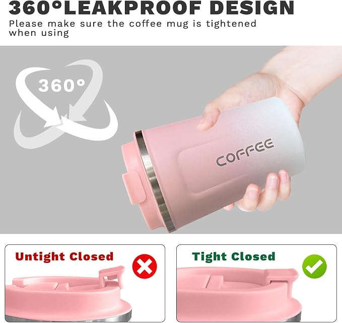 YINBAOGE Insulated Travel Coffee Mug, Spill & Leak Proof, Portable To Go Camping Stainless Steel Coffee Tumbler, Reusable Thermal Coffee Cup with Lid for Hot & Cold Drinks (2nd-Pink White, 12 OZ) - Image 5