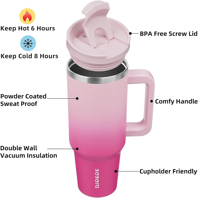 BJPKPK 40oz Stainless Steel Insulated Tumbler With Handle And Lid Straw Travel Coffee Mug Thermal Cup,Cherry Blossom - Image 2