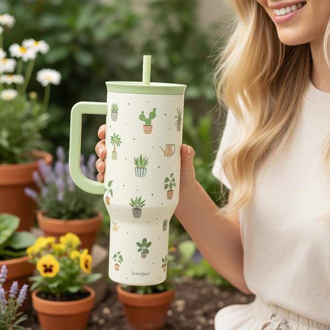 SANDJEST Plant Lover 40oz Tumbler with Handle and Straw, Insulated Stainless Steel Travel Coffee Mug for Women Girls, Gift Idea for Birthday Christmas Mothers Day - Image 6