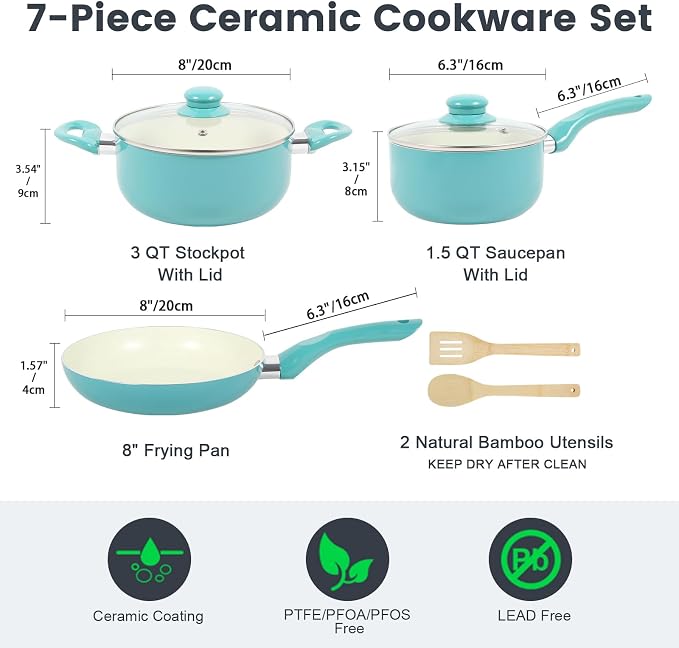 Pots and Pans Set, 7 Piece Nonstick Ceramic Cookware Set, Kitchen Induction - Image 2