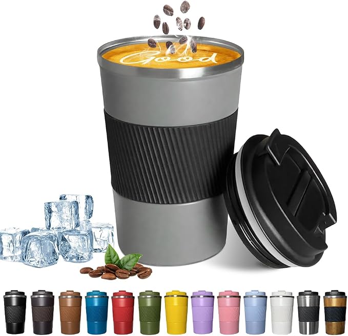 YINBAOGE Insulated Travel Coffee Mug, Spill & Leak Proof, Portable To Go Camping Stainless Steel Coffee Tumbler, Reusable Thermal Coffee Cup with Lid for Hot & Cold Drinks (Grey, 17 OZ) by YINBAOGE