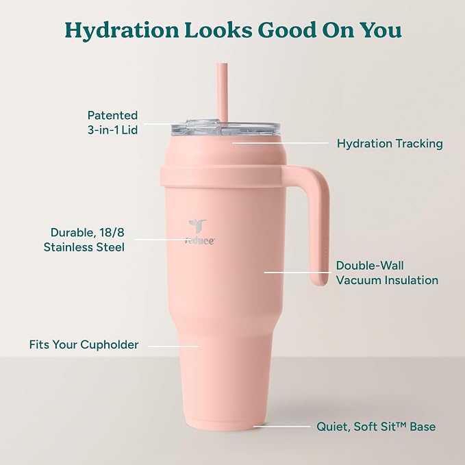 REDUCE 50 oz Stainless Steel Tumbler with Handle - Dual-Wall Vacuum Insulated Travel Mug, Sweat-Proof Lid & Reusable Straw - Keeps Drinks Cold for 24 Hrs, Fits Cupholders, Dishwasher Safe - Pink Clay - Image 4