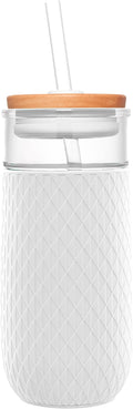 Ello Devon 18oz Glass Tumbler with Straw, Friction Fit Bamboo Wood Lid and Silicone Sleeve | Perfect for Iced Coffee, Tea, and Smoothies by Ello
